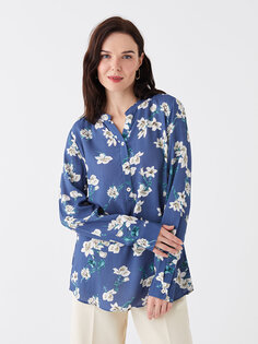 Женская блузка с длинным рукавом со свободным воротником и узором LCW Grace, яркий темно-синий принт