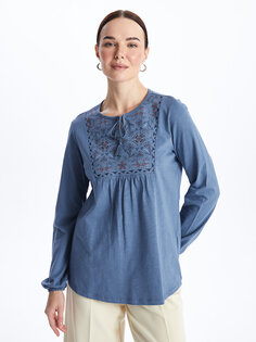 Женская блузка с длинным рукавом и воротником-стойкой с цветочным принтом LCW Grace, индиго
