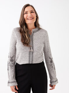 Женская блузка с длинным рукавом с завязочным воротником и вышивкой LCW Grace, светло-серый