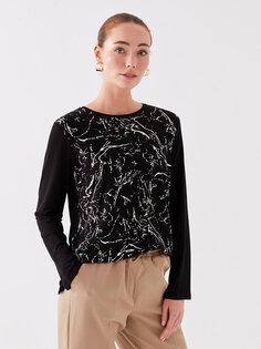 Женская блузка с длинным рукавом с круглым вырезом и рисунком LCW Grace, новый черный