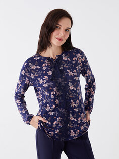 Женская блузка с длинным рукавом и воротником-стойкой с цветочным принтом LCW Grace, темно-синий с принтом