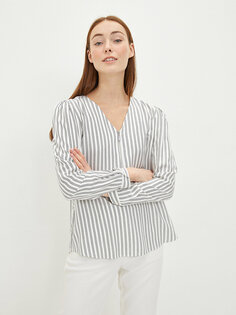 Женская вискозная блузка в полоску с V-образным вырезом и длинными рукавами LCWAIKIKI Classic