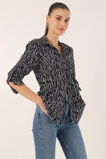 Женская вискозная рубашка черного цвета со складками и узором Z Giyim
