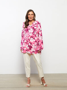Женская вискозная блузка с длинным рукавом и цветочным принтом Wacky Collar LCW Grace, розовый с принтом