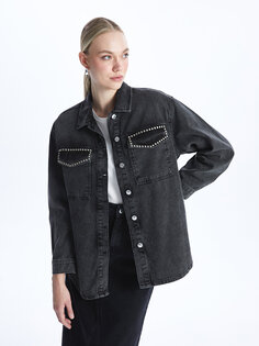 Женская джинсовая куртка-рубашка с длинным рукавом с блестящим каменным принтом LCWAIKIKI Basic, черный