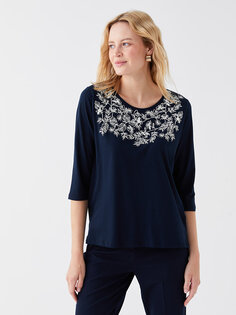 Женская блузка с круглым вырезом и цветочным принтом LCW Grace, темно-синий