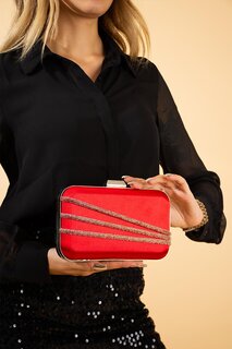 Женская вечерняя сумка в серебряном футляре с 3 полосками и вышивкой камнями BAG900-23 Pembe Potin, красный