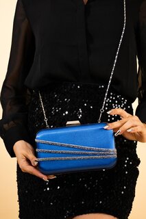 Женская вечерняя сумка в серебряном футляре с 3 полосками и вышивкой камнями BAG900-23 Pembe Potin, синий