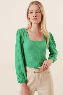 Женская зеленая блузка из жатого хлопка с квадратным вырезом Z Giyim