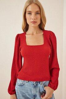 Женская красная трендовая вязаная блузка с объемными рукавами и квадратным воротником HZL23W-BD104421 hazelin