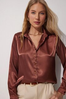 Женская коричневая базовая атласная рубашка из струящейся вискозы Z Giyim