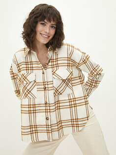 Женская куртка-рубашка из габардина в клетку с застежкой на пуговицы спереди и длинными рукавами LCW Casual