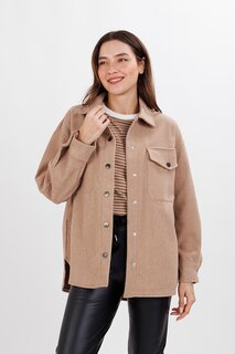 Женская куртка-рубашка с воротником верблюжьего цвета и застежкой-кнопкой ECROU