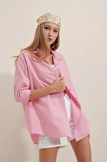 Женская однотонная рубашка большого размера ярко-розового цвета Araboy Basic Z Giyim