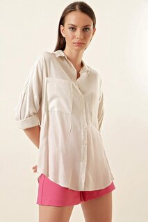 Женская льняная рубашка цвета экрю с открытыми плечами и двумя карманами Z Giyim