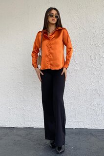 Женская оранжевая базовая атласная рубашка из струящейся вискозы Z Giyim