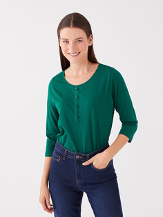 Женская однотонная футболка с круглым вырезом LCWAIKIKI Basic, средне-зеленый