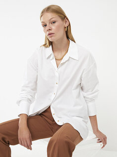Женская рубашка из поплина с простыми пуговицами и длинными рукавами спереди LCW Vision