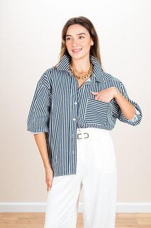 Женская рубашка оверсайз темно-синего цвета в полоску с нагрудным карманом ECROU