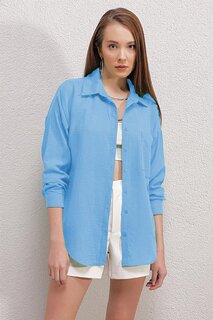 Женская синяя рубашка оверсайз с заниженными плечами и карманами Z Giyim