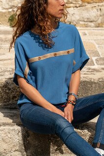 Женская свободная блузка цвета индиго с соломенными пуговицами GK-BST2851 GÜNEŞ KIZI