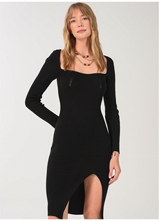 Черное женское трикотажное платье с квадратным воротником длиной выше колена NGSTYLE