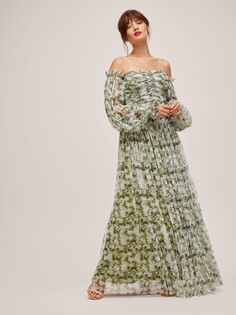 Платье макси с открытыми плечами из кружева и бисера Lana с цветочным принтом, зеленый Lace & Beads