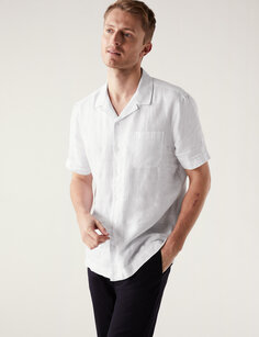 Рубашка из чистого льна с кубинским воротником Marks &amp; Spencer, белый