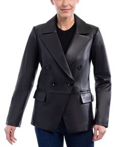 Женский кожаный двубортный пиджак-пальто Anne Klein, черный