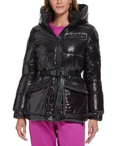 Женская куртка-пуховик с блестящей отделкой и поясом DKNY, черный