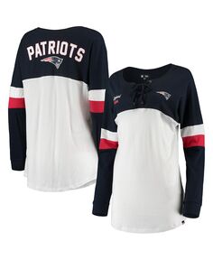 Женская белая, темно-синяя футболка New England Patriots Athletic Varsity на шнуровке с v-образным вырезом и длинными рукавами New Era
