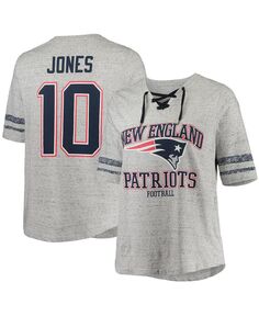 Женская футболка Mac Jones Heathered Grey New England Patriots плюс размер на шнуровке с v-образным вырезом Profile