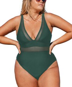 Женский цельный купальник больших размеров с V-образным вырезом и прозрачным сетчатым купальным костюмом CUPSHE, зеленый