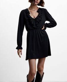 Женское короткое платье с рюшами MANGO, черный