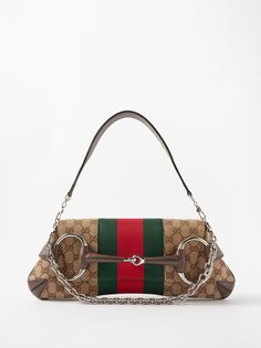 Холщовая сумка на плечо horsebit среднего размера с узором gg-supreme Gucci, бежевый