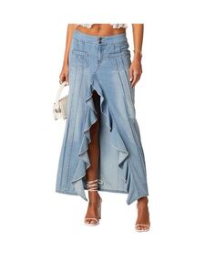 Женская джинсовая макси-юбка Valencia с оборками и разрезом Edikted, синий
