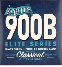 Струны для классической гитары La Bella 900B Elite, черный нейлон, полированный золотой сплав, среднее натяжение