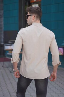 Мужская бежевая льняная однотонная рубашка с длинным рукавом 5548 MADMEXT