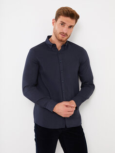 Мужская габардиновая рубашка Slim Fit с длинным рукавом LCWAIKIKI Classic, темно-синий меланж