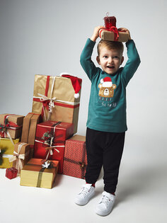 Футболка и брюки с новогодней тематикой для маленьких мальчиков с круглым вырезом и длинными рукавами Yami Mia, сизый