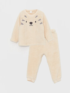 Плюшевый детский пижамный комплект унисекс с длинными рукавами и вышивкой с круглым вырезом LCW baby