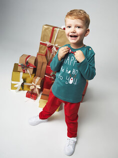 Футболка и брюки с новогодней тематикой для маленьких мальчиков с круглым вырезом и длинными рукавами Yami Mia, сизый