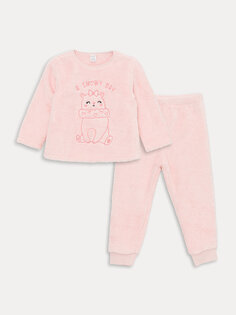 Плюшевый пижамный комплект для маленьких девочек с круглым вырезом и длинными рукавами LCW baby, розовый