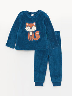 Плюшевый пижамный комплект для маленьких мальчиков с длинными рукавами и круглым вырезом LCW baby, темно-синий