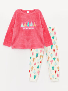 Плюшевый пижамный комплект для девочек с круглым вырезом и длинными рукавами LCW Kids, средний розовый
