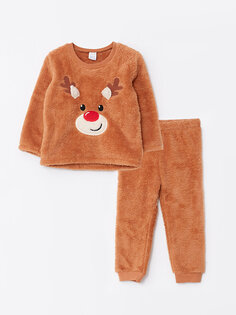 Плюшевый пижамный комплект для маленьких мальчиков с круглым вырезом и длинными рукавами в рождественском стиле LCW baby, светло-коричневый