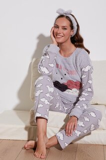 Плюшевый пижамный комплект с облачным узором, карманами и эластичным поясом 6094120BULUT Lela, серый