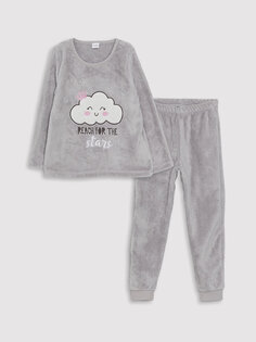 Плюшевый пижамный комплект для девочек с круглым вырезом и длинными рукавами LCW Kids, бледно-серый