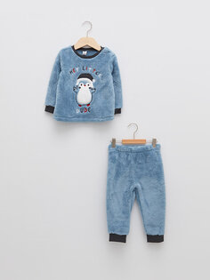 Плюшевый пижамный комплект для маленьких мальчиков с длинными рукавами и круглым вырезом LCW baby, сизый