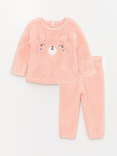 Плюшевый пижамный комплект для маленьких девочек с круглым вырезом и длинными рукавами LCW baby, лосось